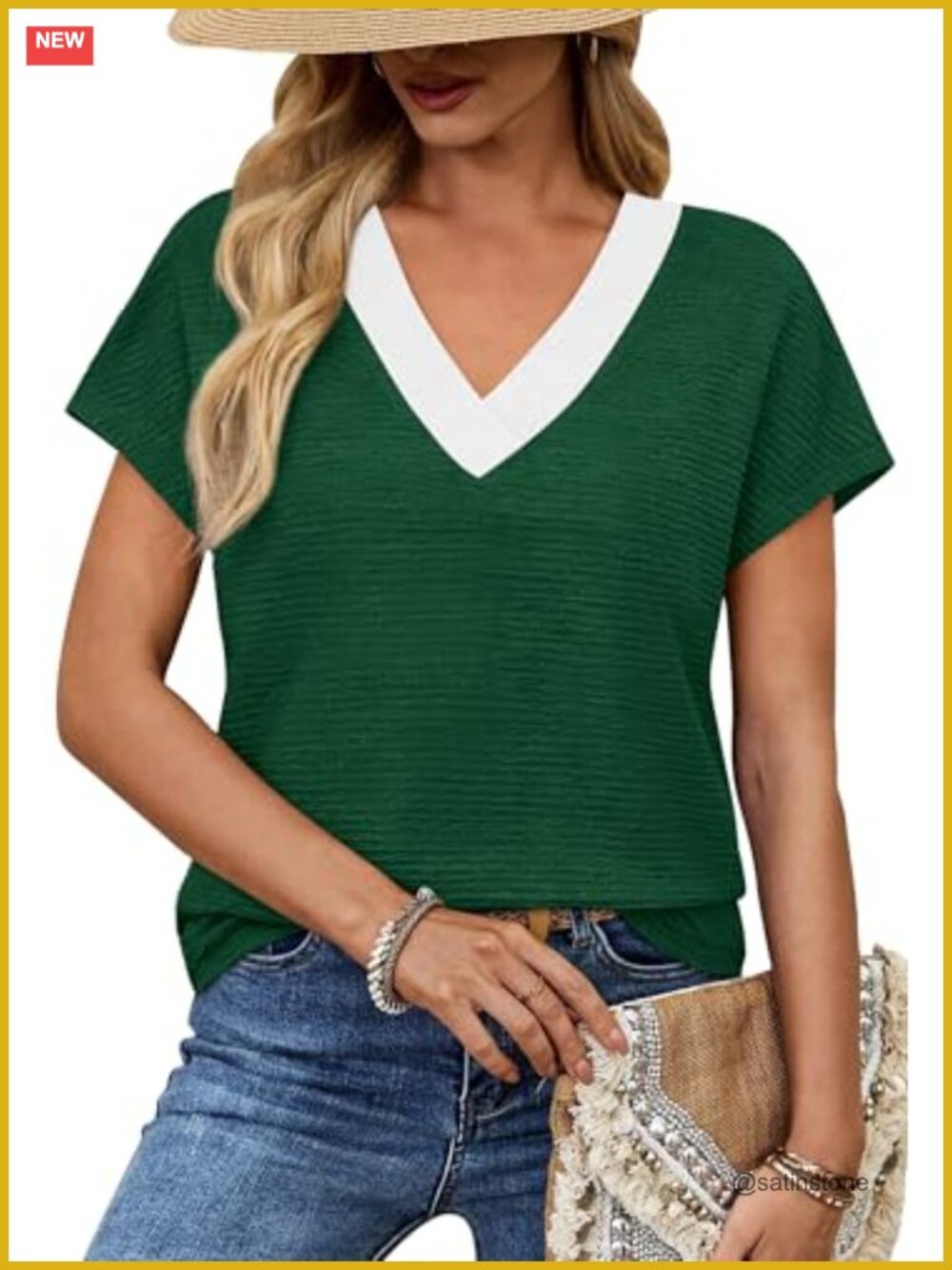 Women's V-Neck Short Sleeve Blouson Tunic Top with Crinkled Knit Fabric